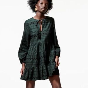 Zara Woman Green Linen Cotton Embroidery Smock Balloon Sleeve Dress MEDIUM Boho